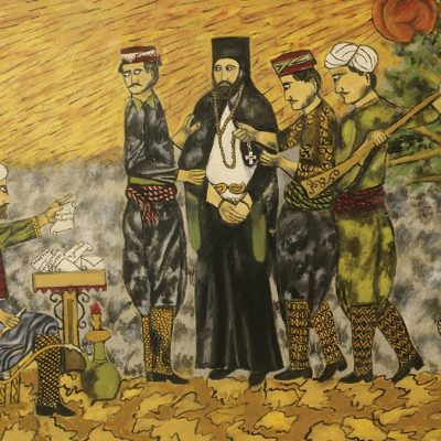 Ο Αρχιεπίσκοπος Κυπριανός οδηγείται στον θάνατο (Μιχ. Κάσιαλος, Πινακοθήκη Ιδρ. Αρχ. Μακαρίου Γ΄).